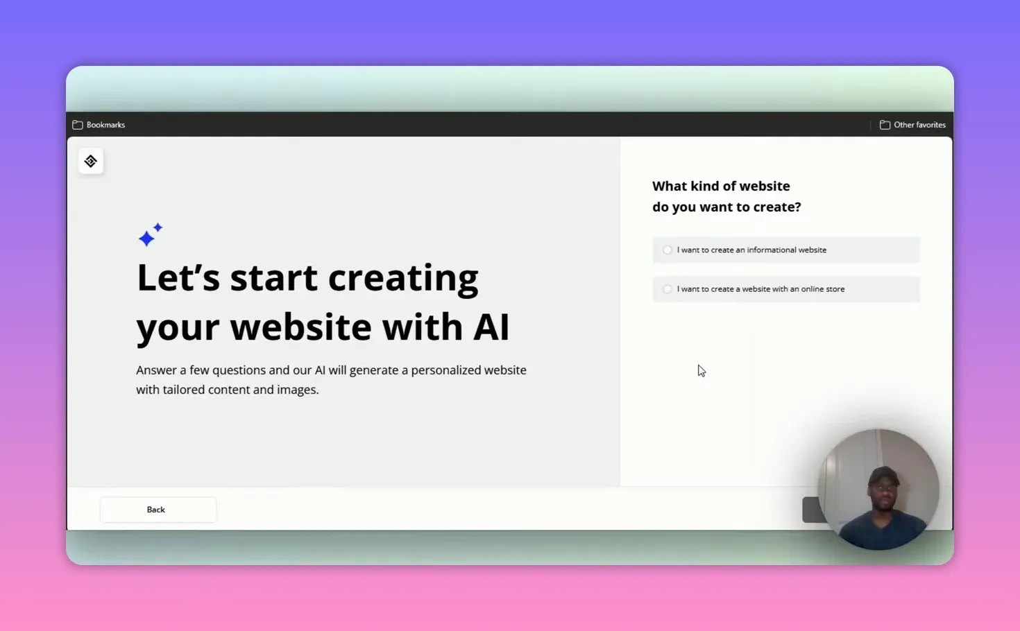 Clear 10Web AI prompt: 'Let's start creating your website with AI' with the right-side choice 'I want to create a website with an online store' visible; presenter thumbnail in lower-right.