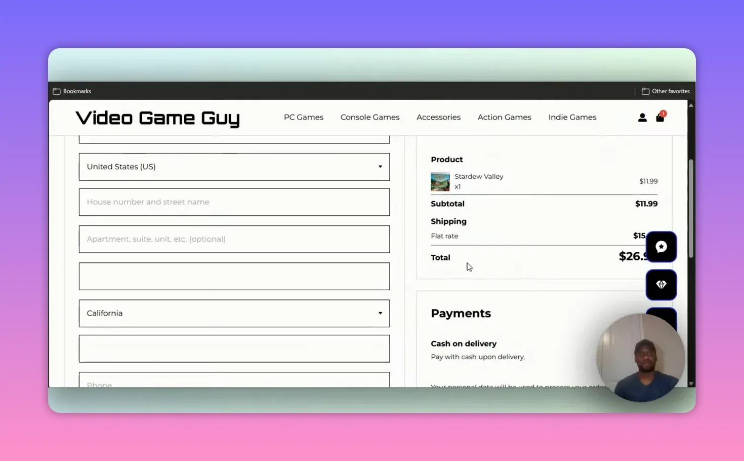 Checkout page showing billing details form on left and order summary with subtotal, shipping, and total on the right