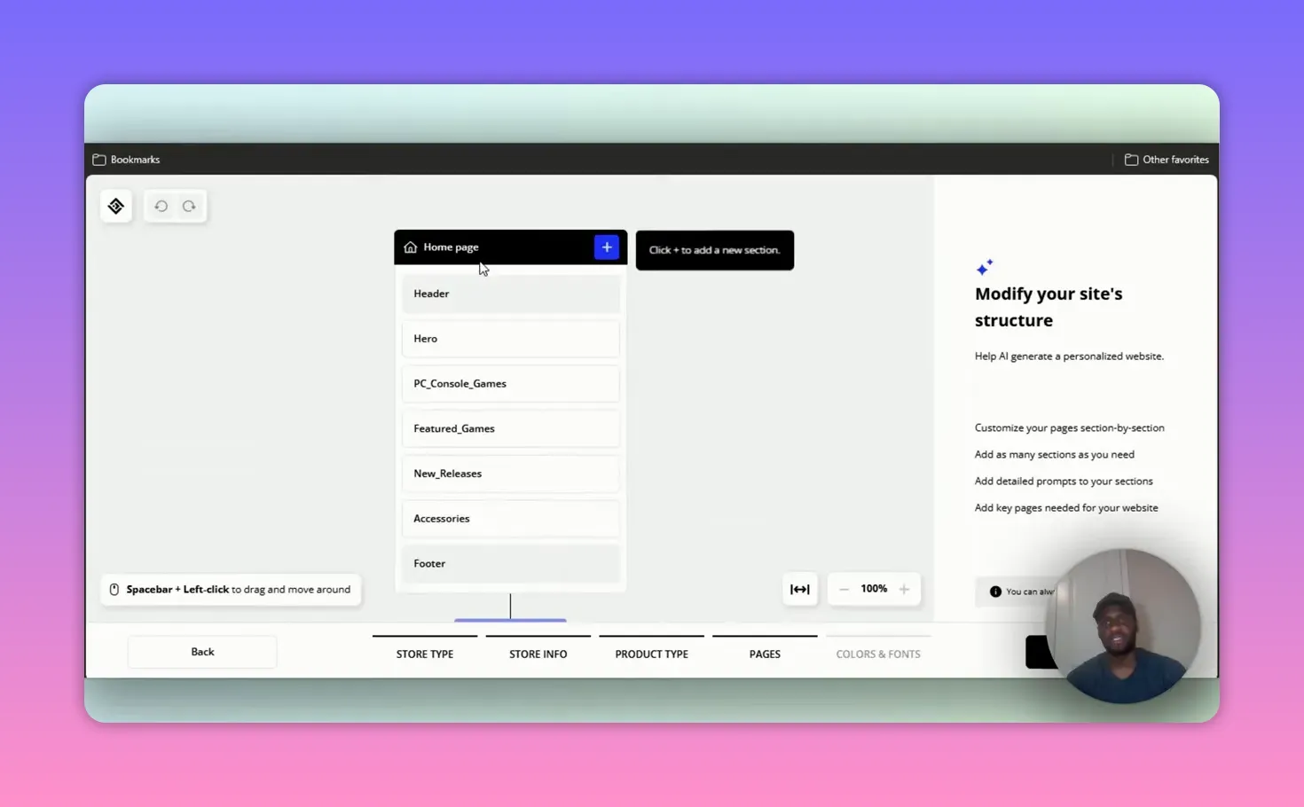 10Web AI builder showing the homepage structure list (Header, Hero, PC_Console_Games, Featured_Games, New_Releases, Accessories, Footer) with a tooltip 'Click + to add a new section' and presenter thumbnail.
