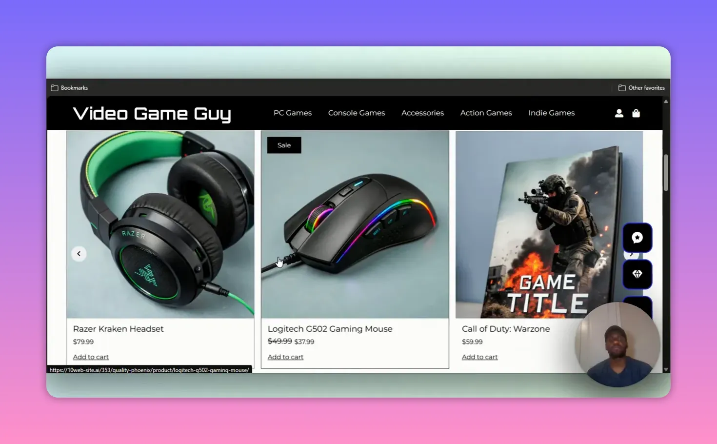 E-commerce product grid showing Razer Kraken headset, Logitech G502 gaming mouse and a game box (Call of Duty) with prices and 'Add to cart' links; presenter thumbnail visible in the lower-right.