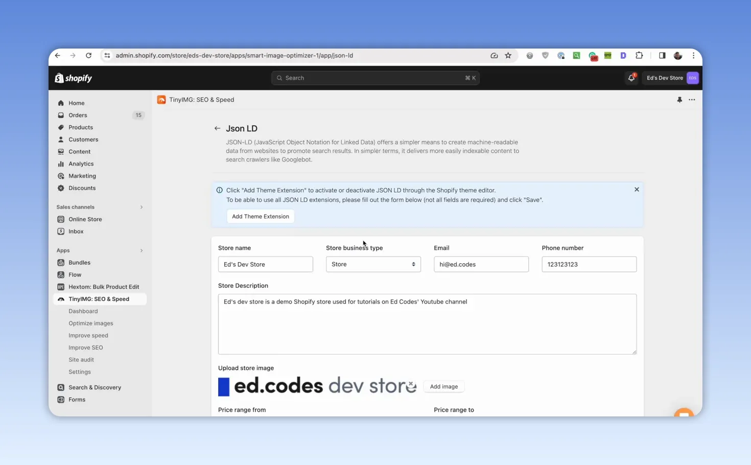 Giao diện quản trị Shopify hiển thị trang cấu hình JSON-LD với các trường thông tin doanh nghiệp