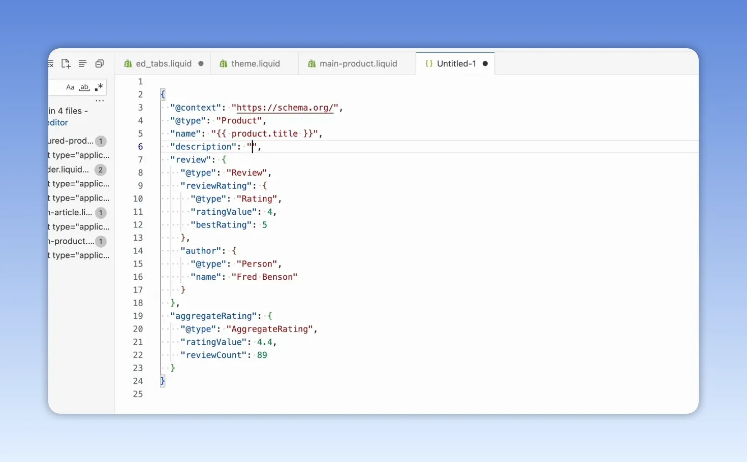 Trình soạn thảo mã hiển thị cấu trúc JSON-LD của sản phẩm với các trường tên, mô tả và ưu đãi