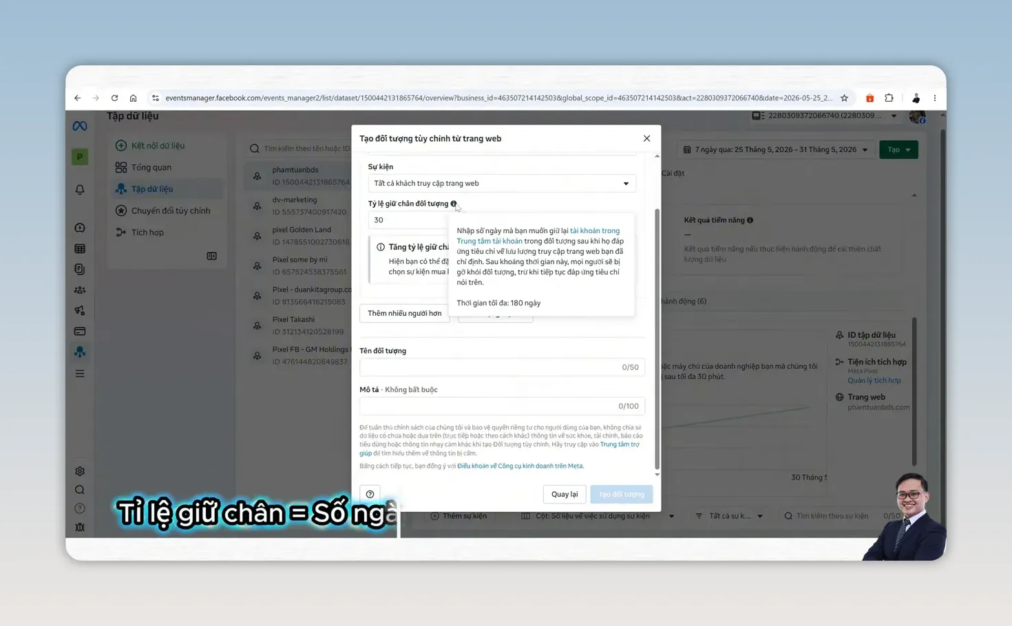 Cửa sổ tạo đối tượng tùy chỉnh từ khách truy cập website trong Trình quản lý quảng cáo
