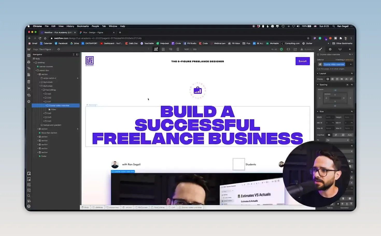 Giao diện Webflow hiển thị trang chủ với tiêu đề lớn và bảng điều khiển thiết kế