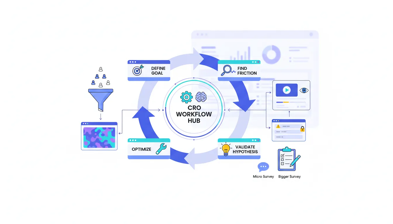 CRO workflow illustration showing funnels, heatmaps, recordings, form analytics, and surveys in one optimization process
