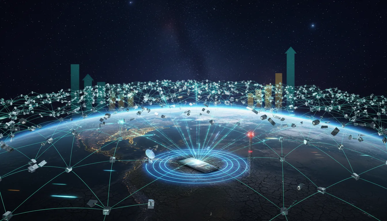 Starlink 2025：太空視角的衛星星座與藍綠色光束互聯，手機直接連線（D2C）、地面天線與抽象上升圖形象徵投資成長