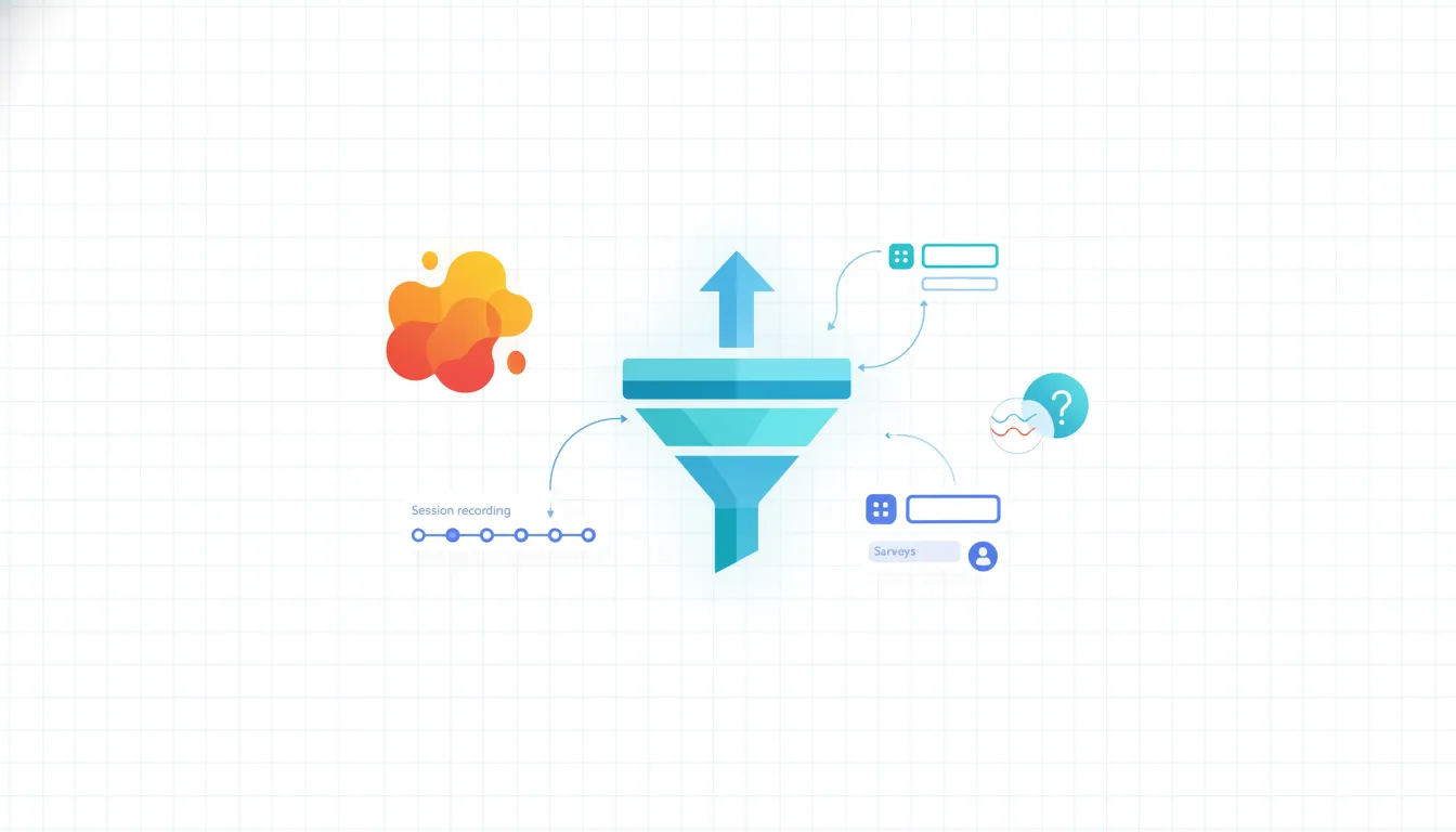 Abstract illustration showing a website conversion funnel and CRO analytics components like heatmap, session recording, form fields, visitor journey, and surveys, with an upward improvement theme.