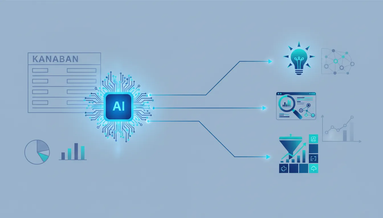 Abstract illustration of an AI core connected to idea generation, market analysis, and business model planning elements for innovation workflow.