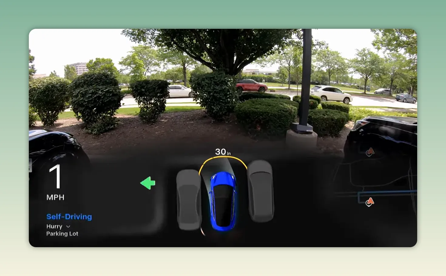 Tesla 停車視覺畫面顯示車輛停入兩車之間，前方有樹叢與燈柱