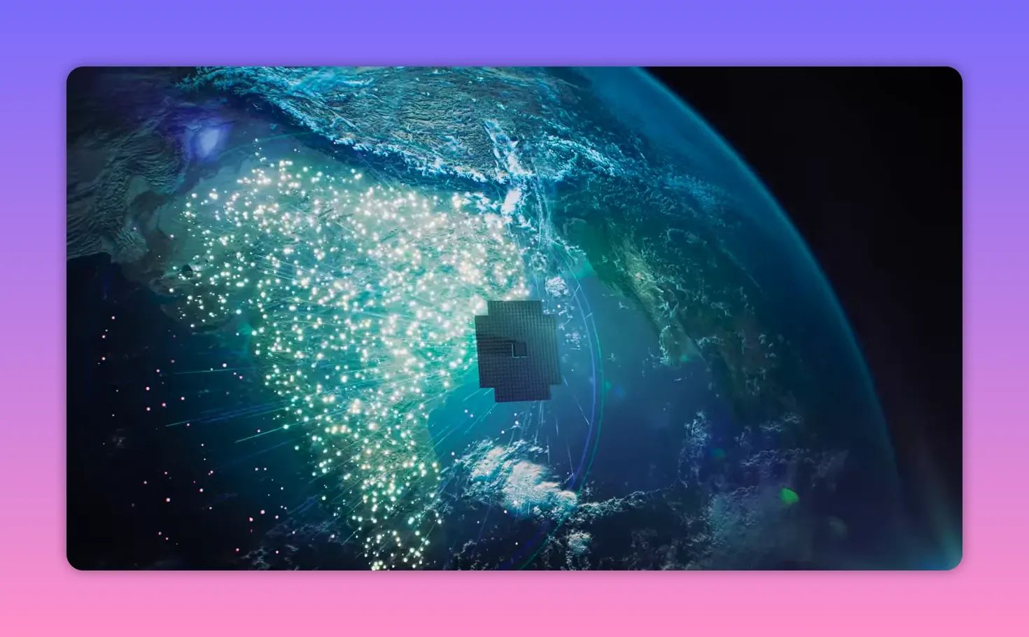 衛星在地球軌道附近向地面發送訊號並顯示連線覆蓋的示意畫面