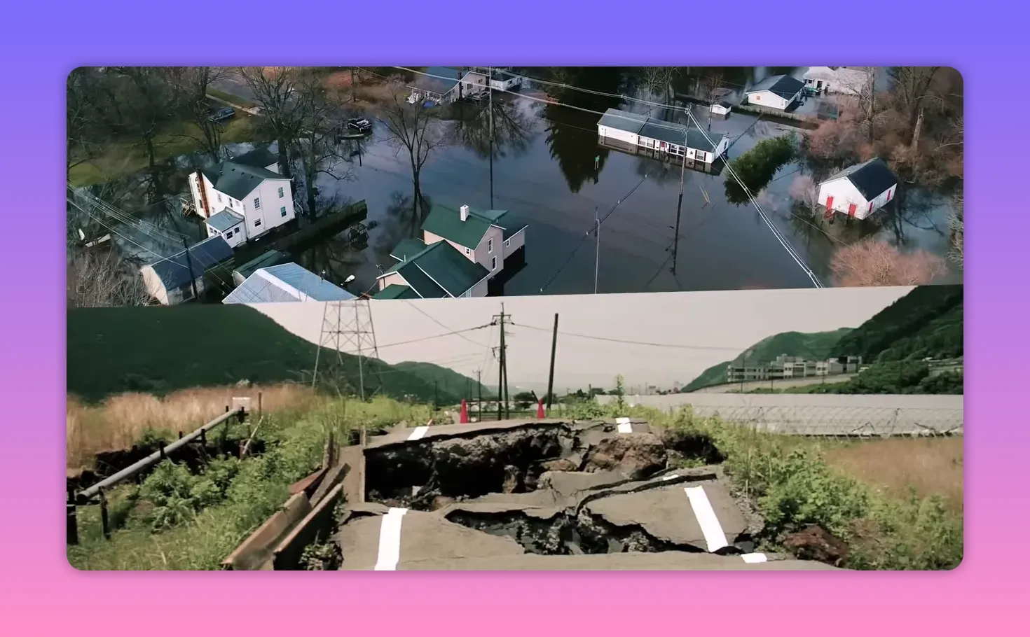 災後道路與基礎設施受損的俯視場景，象徵地面通訊可能中斷的災害情境