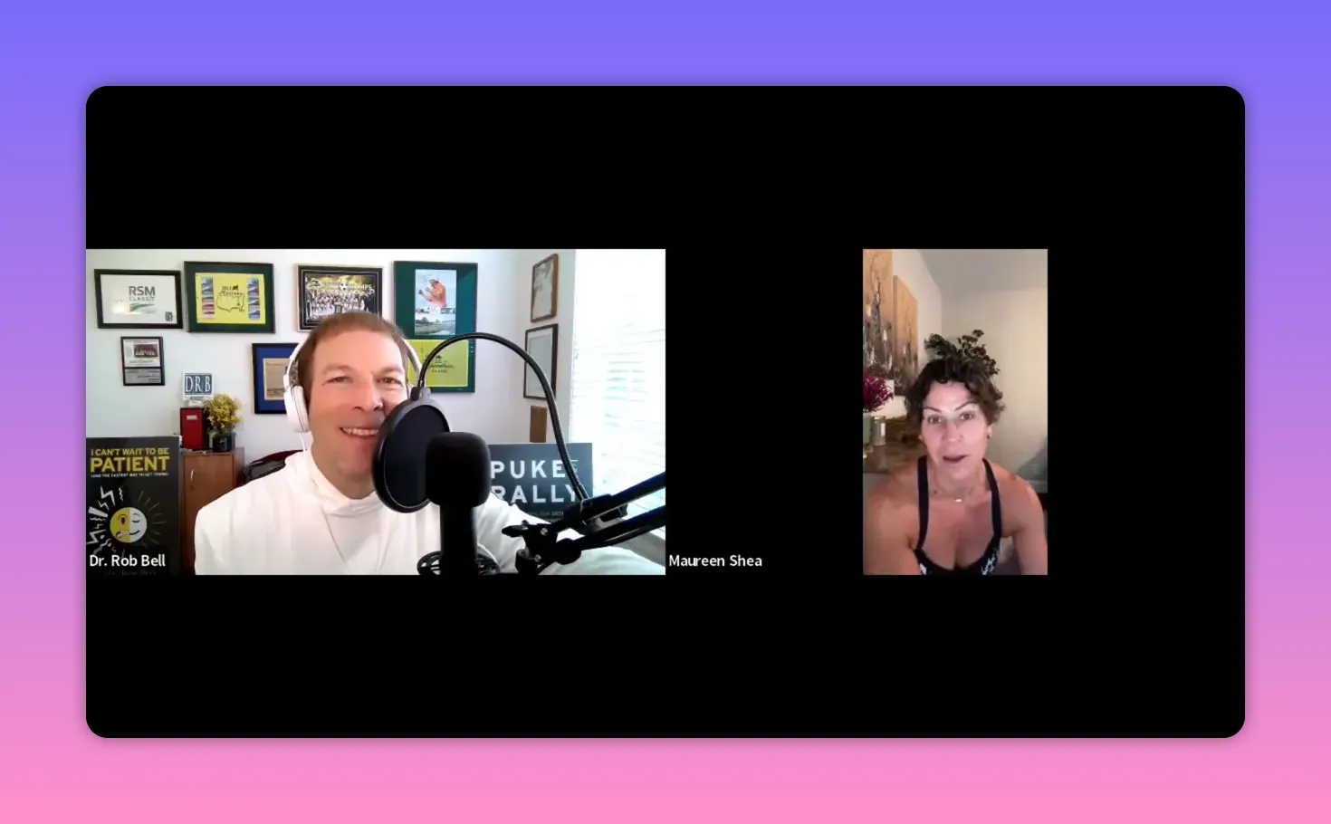 Clear screenshot of a podcast video call: host at a home studio on the left and the guest smiling and facing the camera in a vertical window at right.