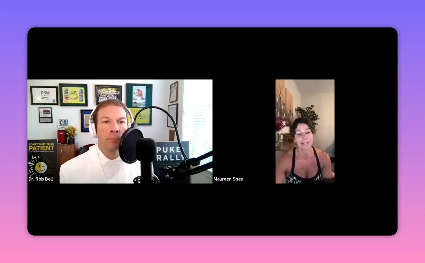 Podcast interview screenshot showing host at microphone and guest speaking in a vertical frame