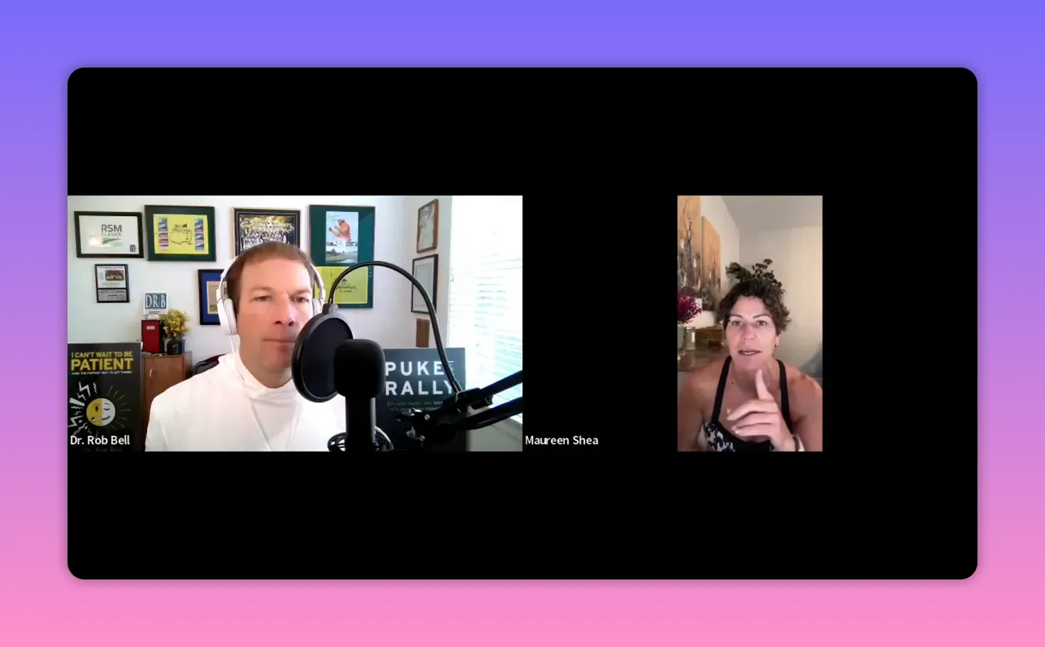 Podcast host and guest on split-screen video call; guest pointing while speaking and engaging with the host.