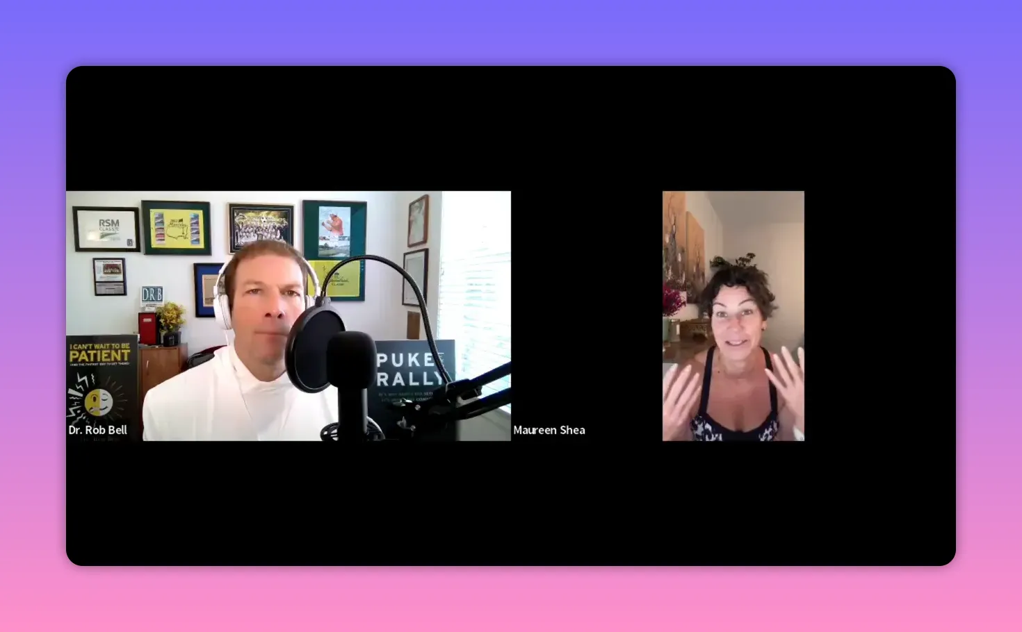 Podcast split-screen: host on left with microphone, guest on right making expressive hand gestures