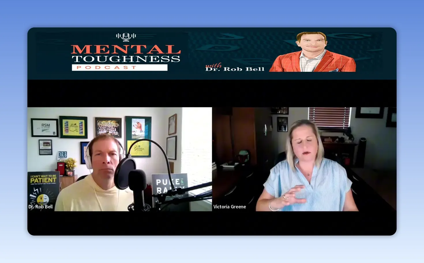 Podcast interview screenshot featuring Victoria Greene and Dr. Rob Bell on a screen.
