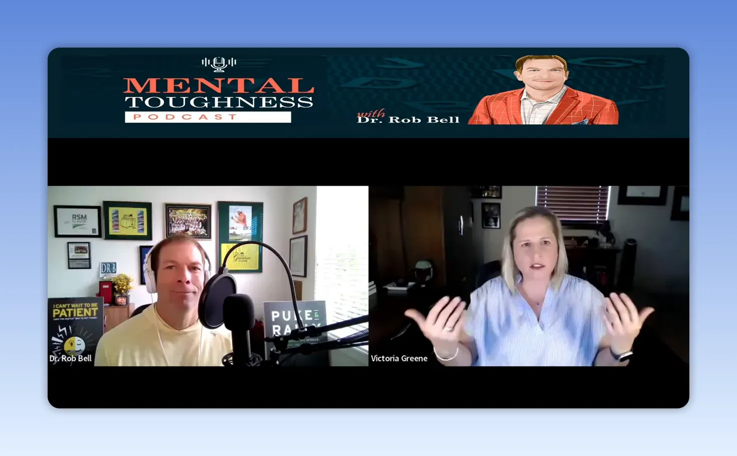 Victoria Greene speaking on the Mental Toughness Podcast with hand gestures to emphasize self-advocacy
