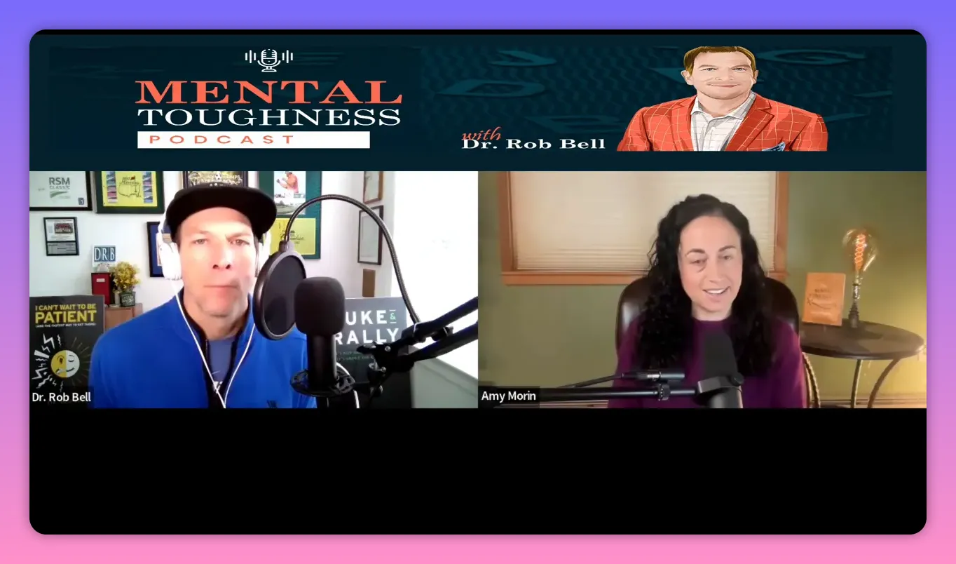 Podcast video call with host on the left and smiling guest on the right speaking into a microphone