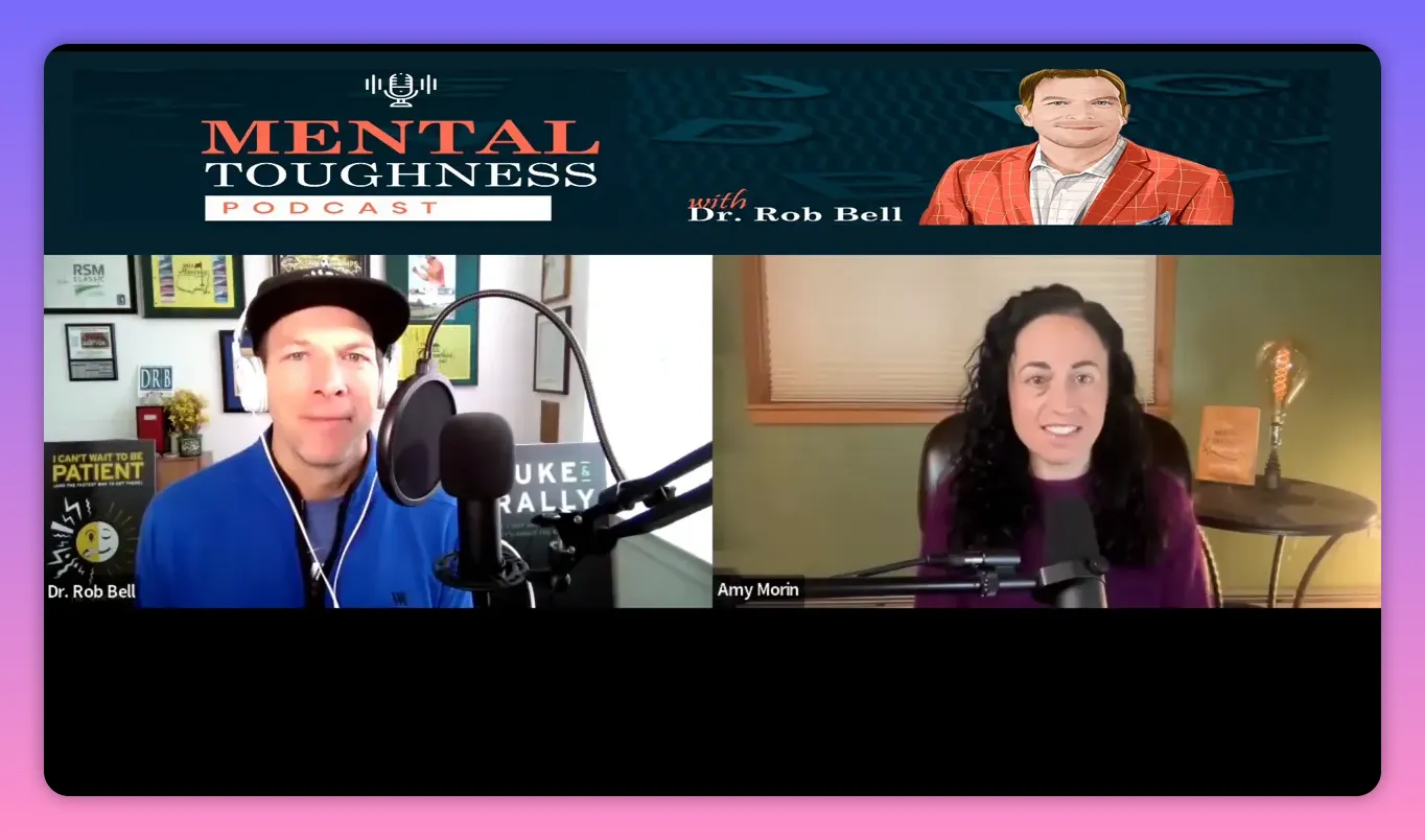 High-quality podcast screenshot showing Dr. Rob Bell and guest Amy Morin smiling and engaged in conversation