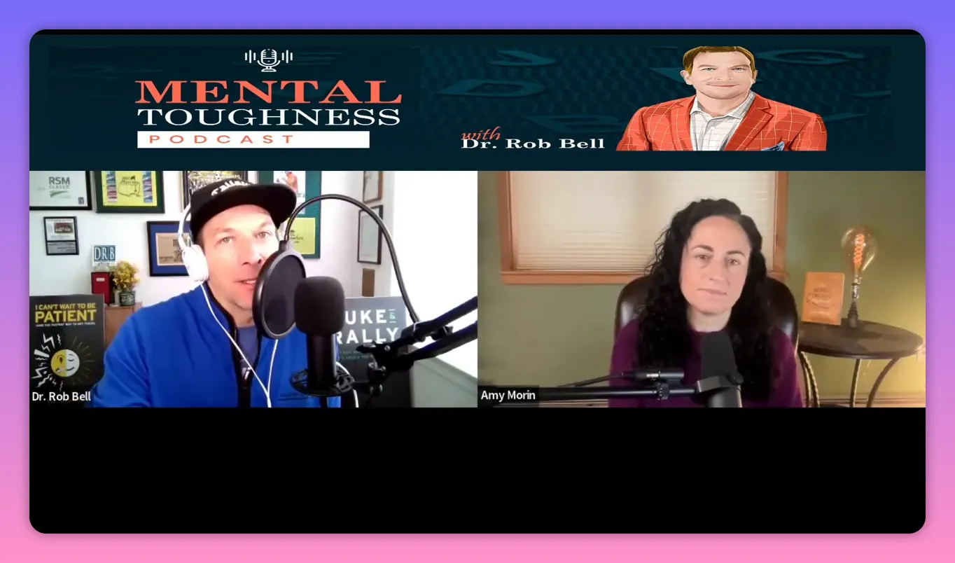 Split-screen podcast interview showing host at a microphone and guest in a home office with visible lamp and book, clear lighting and composition