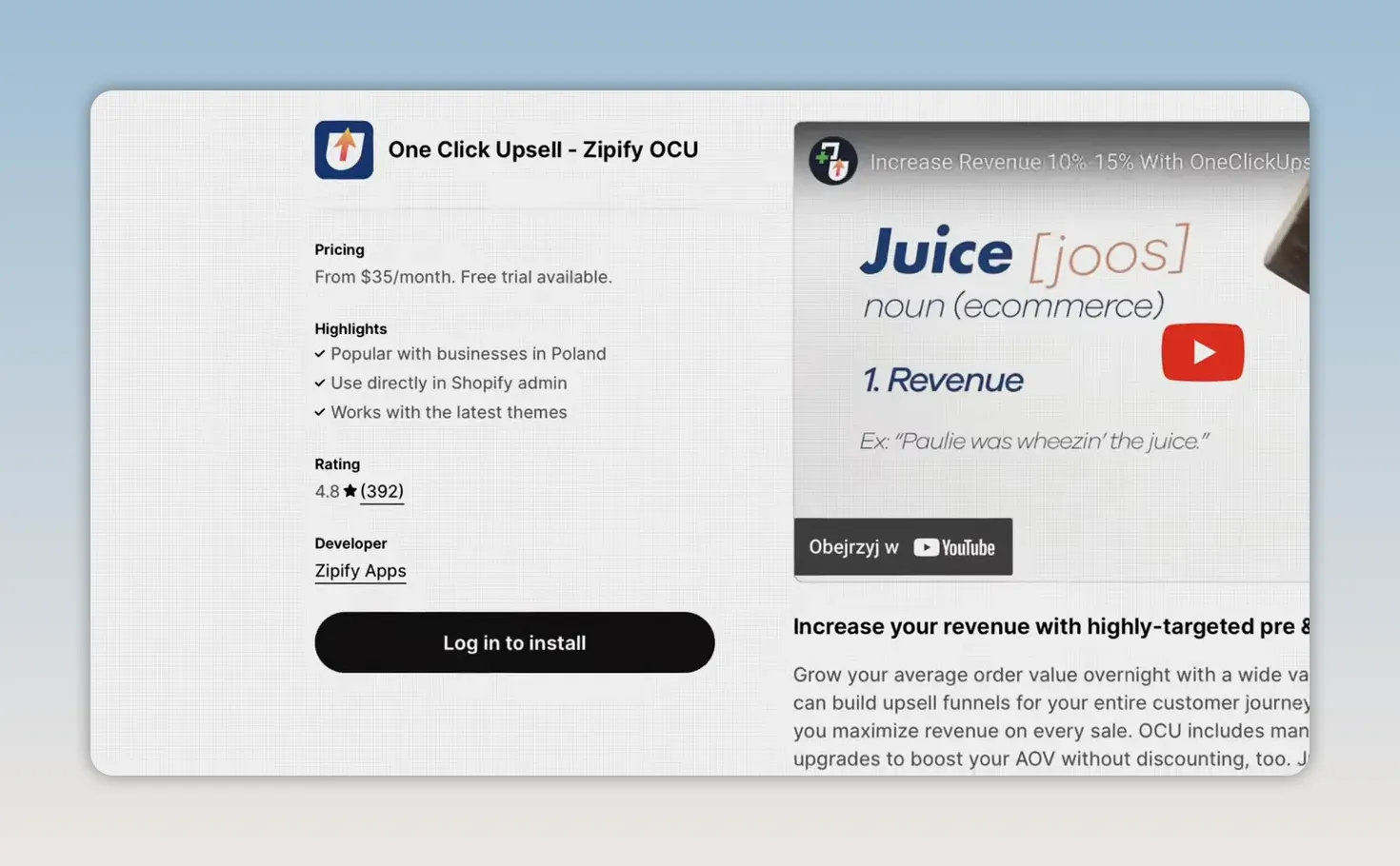 Trang ứng dụng One Click Upsell Zipify OCU trong kho ứng dụng Shopify