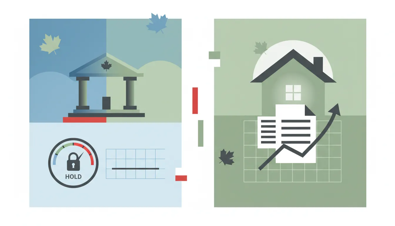 Illustration showing fixed mortgage rates rising despite a central bank rate hold, with a split panel featuring a neutral bank symbol and a home beside an upward chart&mdash;no text.