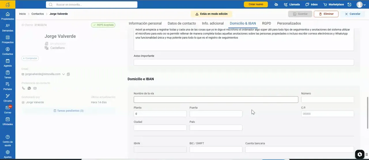 Campos de domicilio e IBAN en la ficha de contacto de Inmovilla