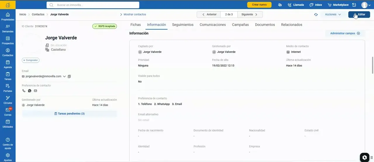 Formulario de información personal de un contacto en Inmovilla