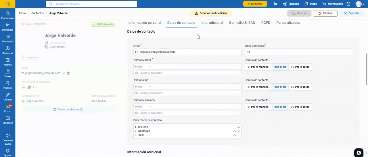 Formulario con teléfonos, correos y preferencias de contacto en Inmovilla