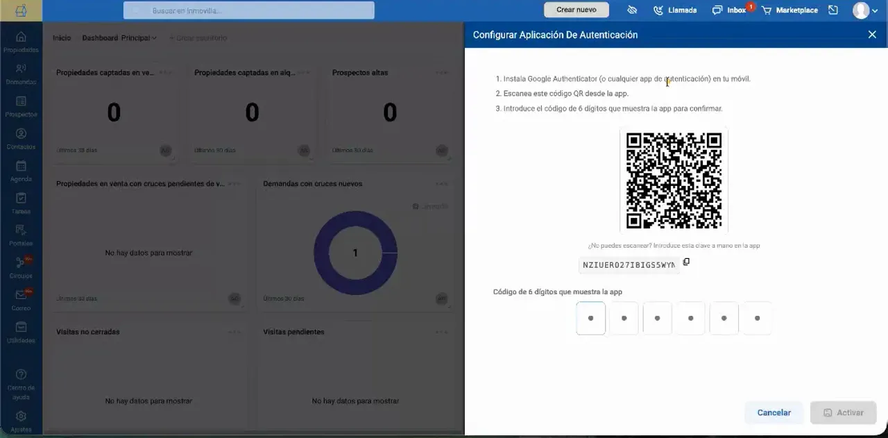Ventana de configuración de autenticación con código QR y casillas para introducir un código temporal