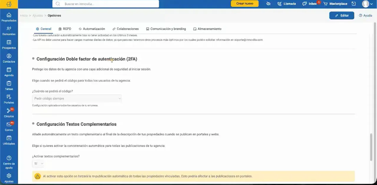 Pantalla de opciones generales de Inmovilla con la configuración de doble factor de autenticación