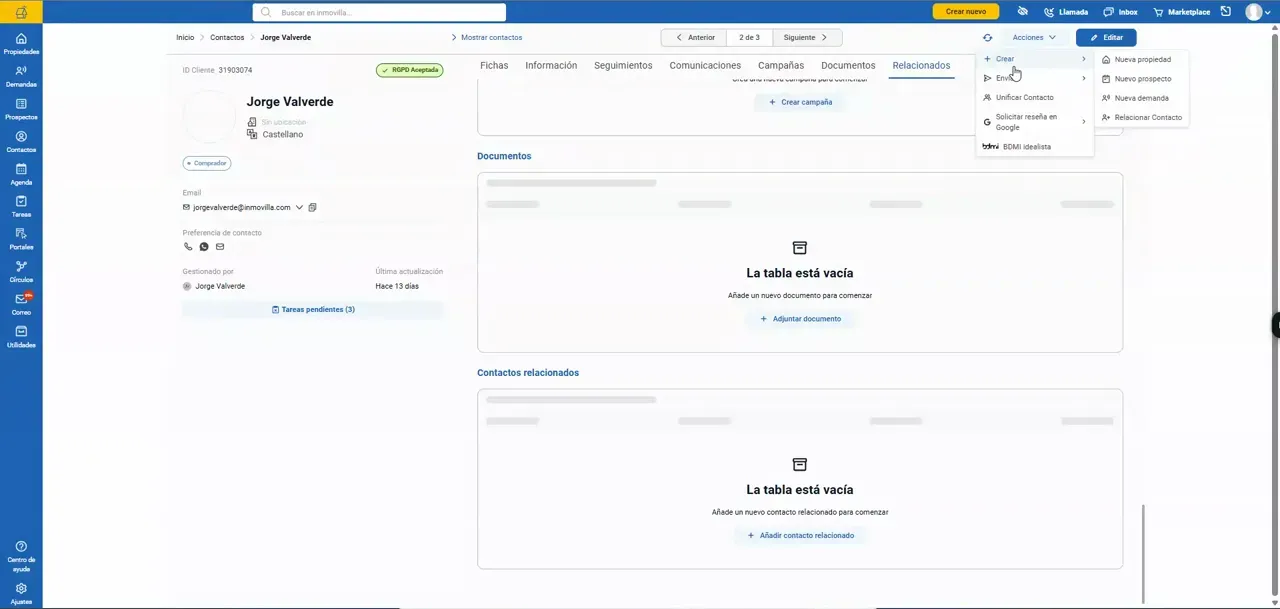 Ficha de contacto con menú de acciones abierto en la parte superior derecha