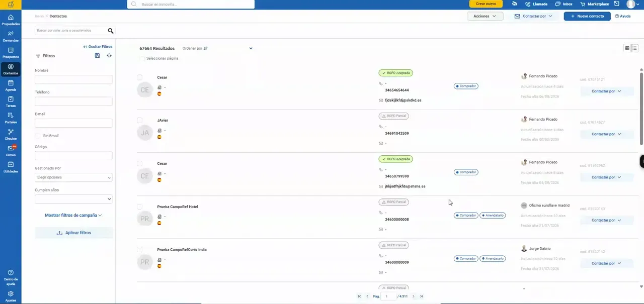 Listado de contactos en Inmovilla con filas de registros