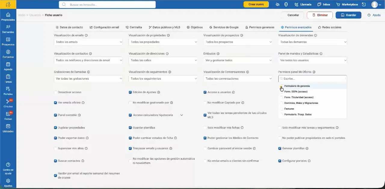 Pantalla de permisos de usuario con las opciones de Mi oficina desplegadas