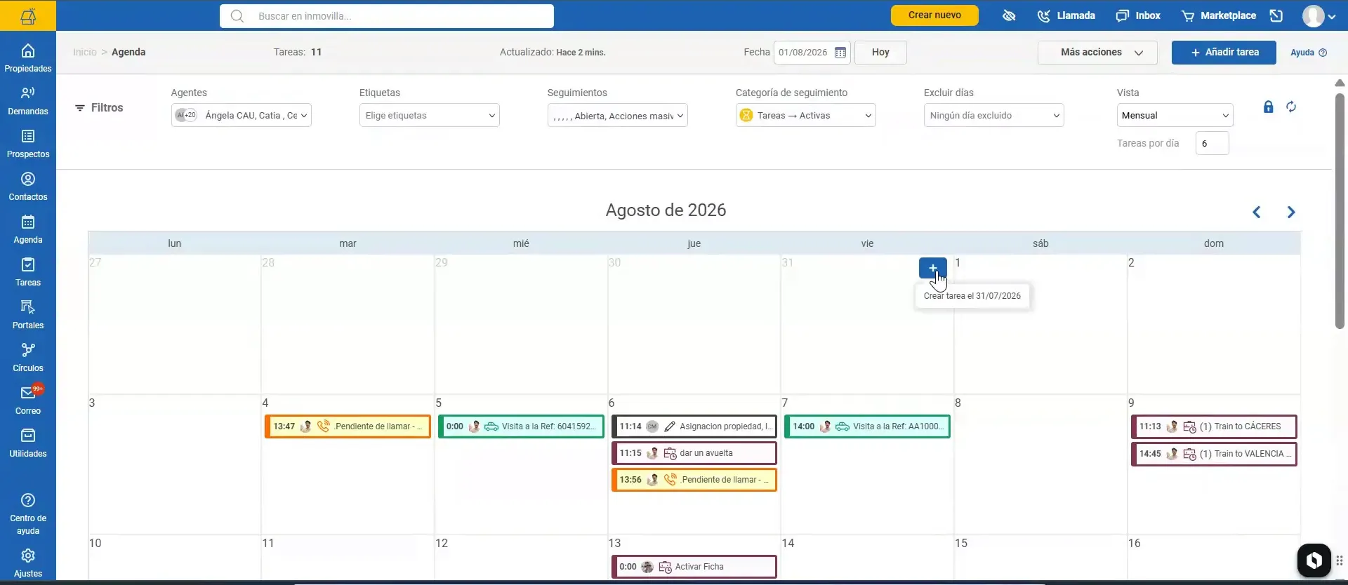 Ventana de creación de seguimiento abierta sobre la agenda de Imovilla