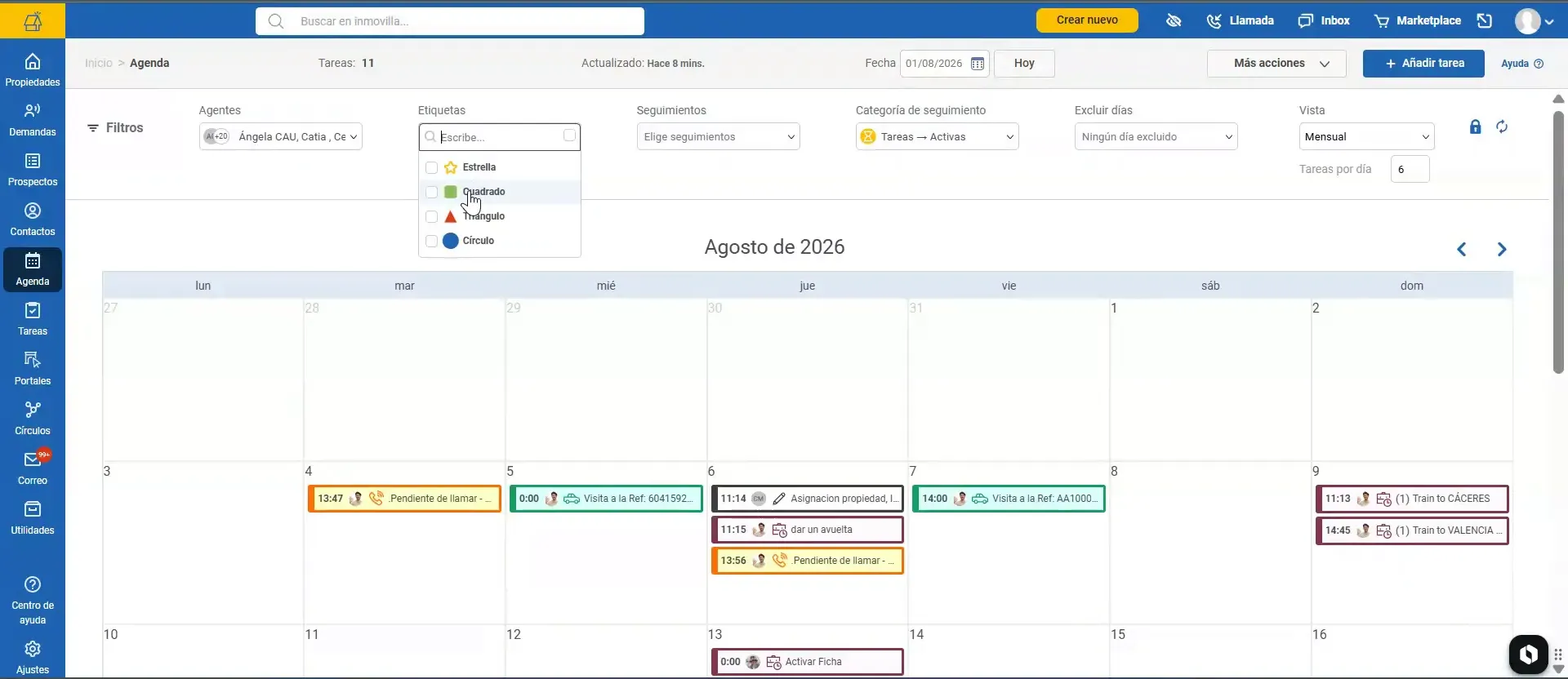 Menú de etiquetas abierto sobre los filtros de la agenda de Imovilla