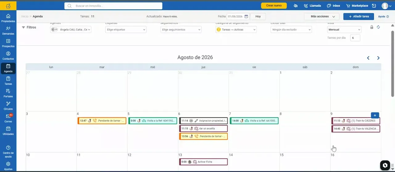 Agenda de Imovilla con calendario y filtros en la parte superior