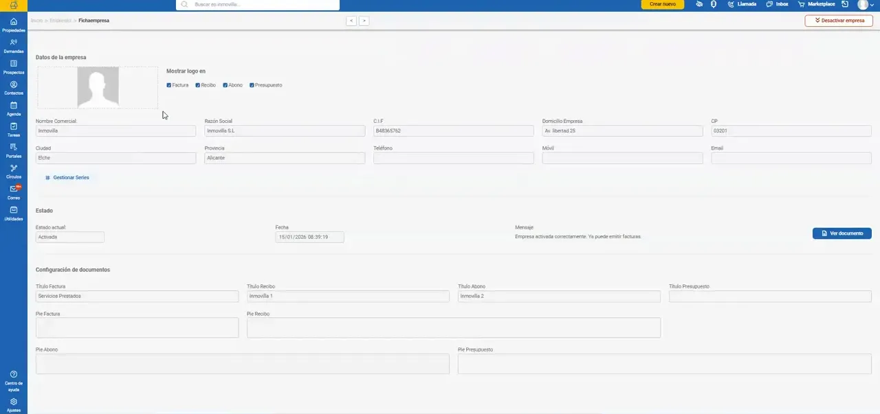 Ficha de empresa con campos de datos y área de logotipo