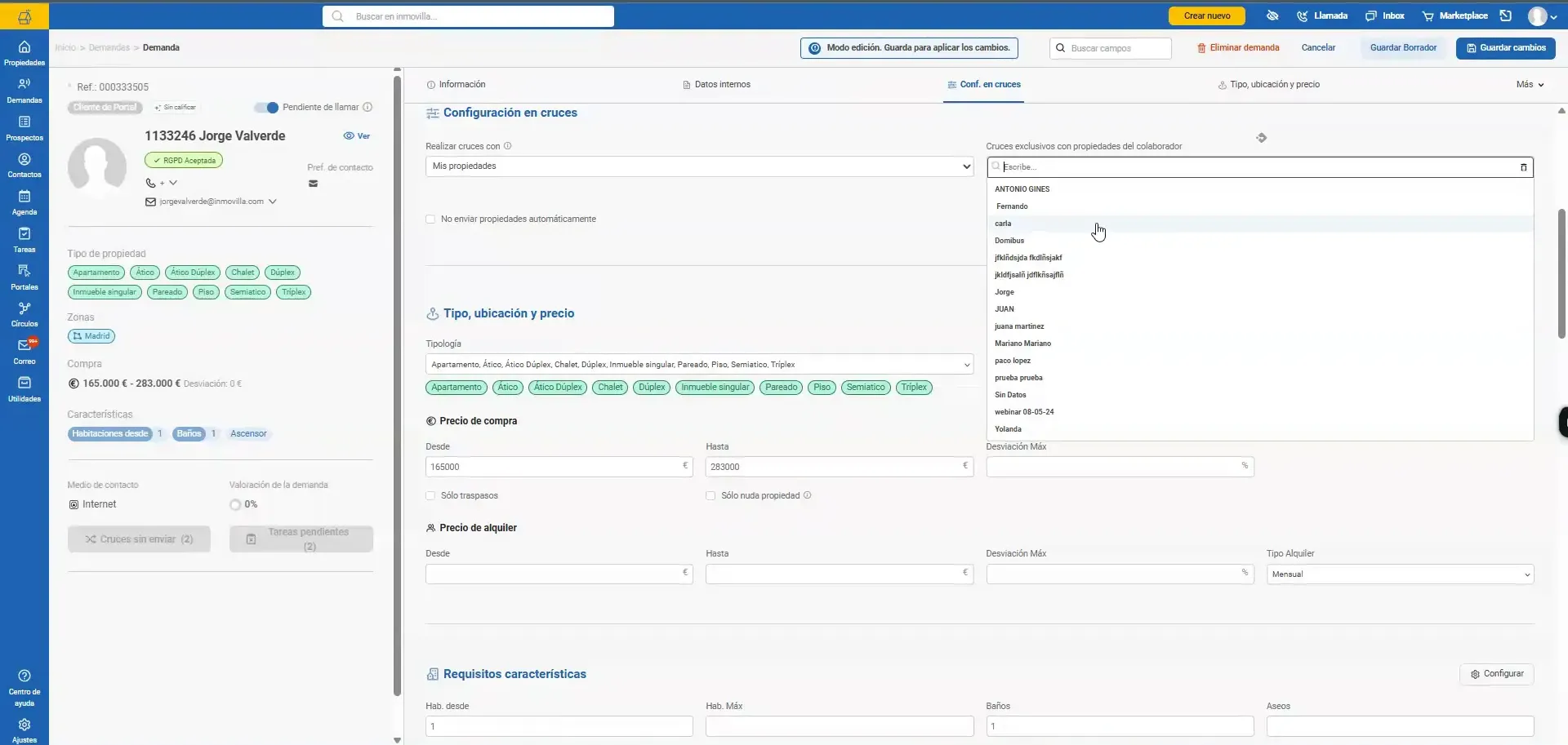 Ficha de demanda de Inmovilla con el desplegable de configuración de cruces abierto