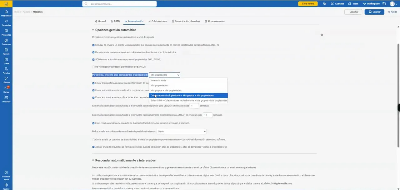 Página de opciones de Inmovilla con un menú desplegable de automatización abierto