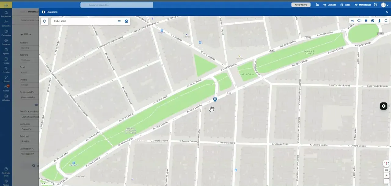 Mapa urbano con calles y área de búsqueda de demandas