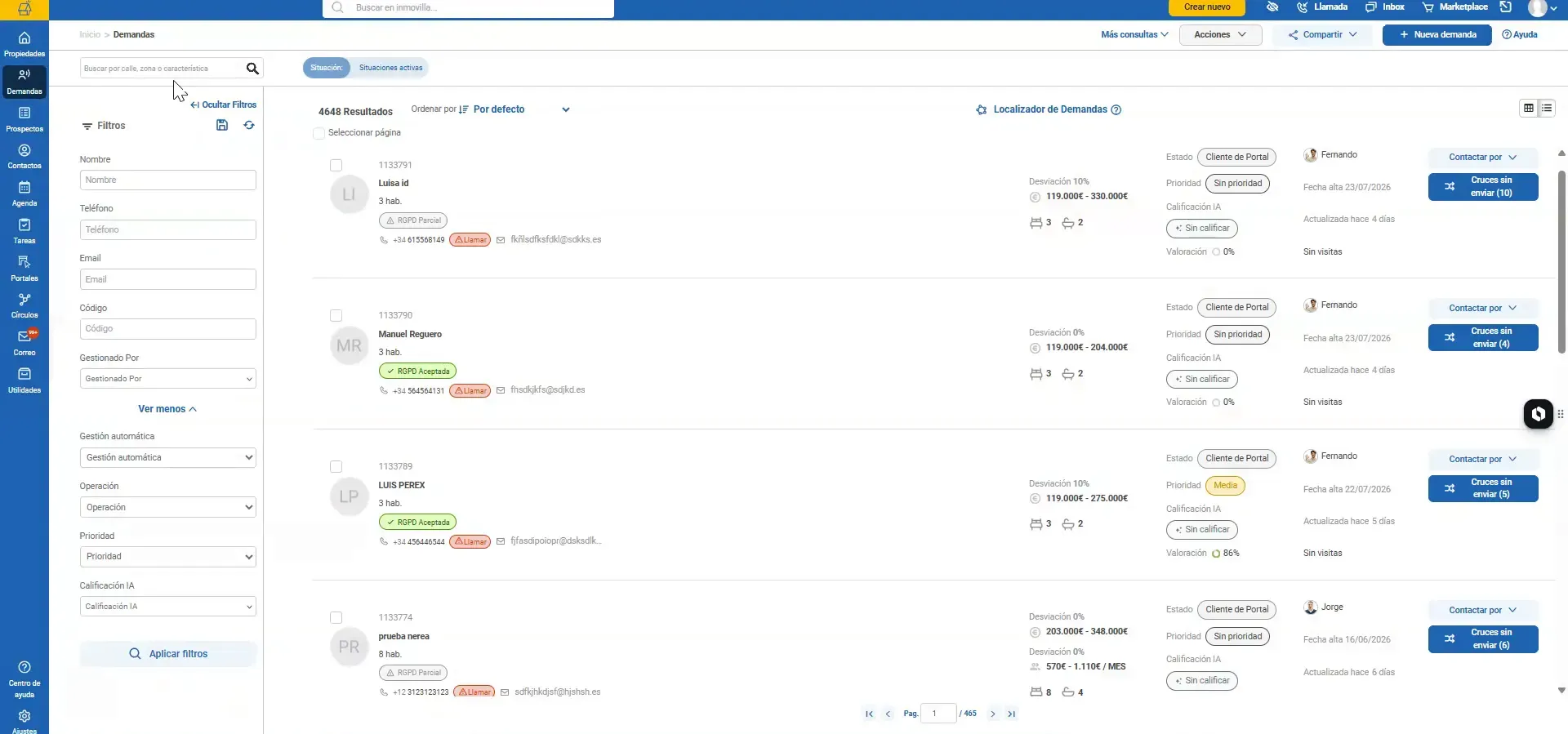 Listado de demandas con panel de filtros en la parte izquierda