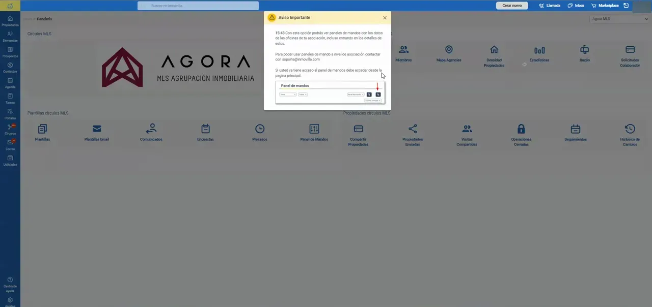 Ventana emergente de aviso sobre el acceso al panel de mandos