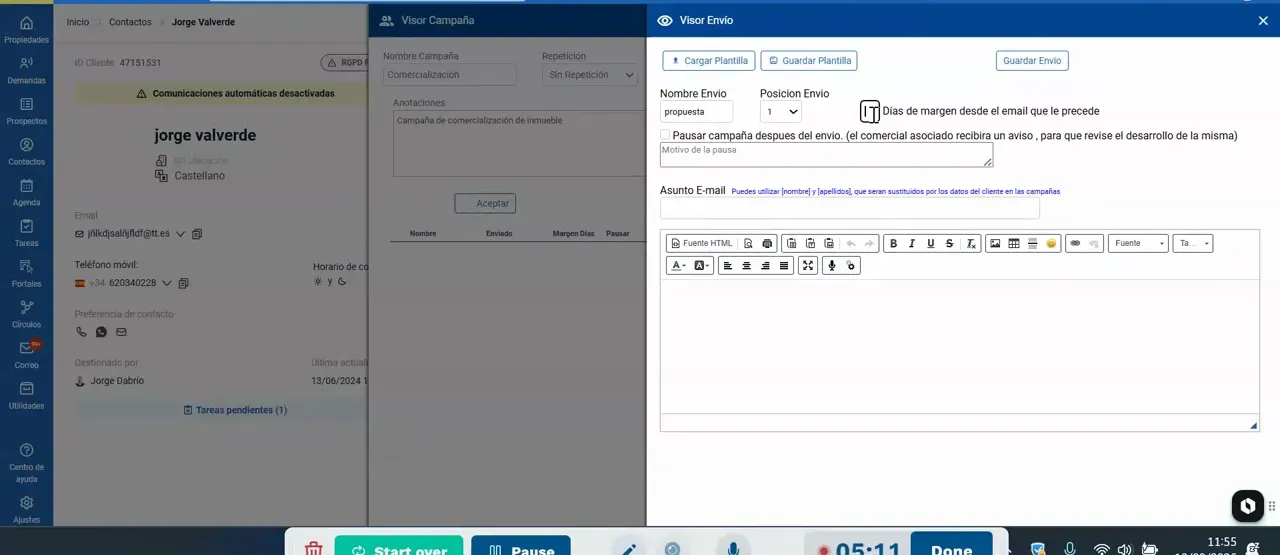 Editor de email con selector de plantilla y campo de asunto