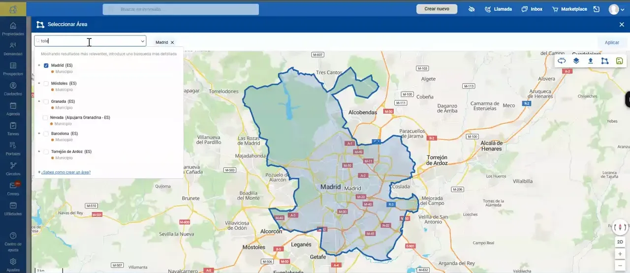 Mapa con un área de búsqueda delimitada sobre Madrid