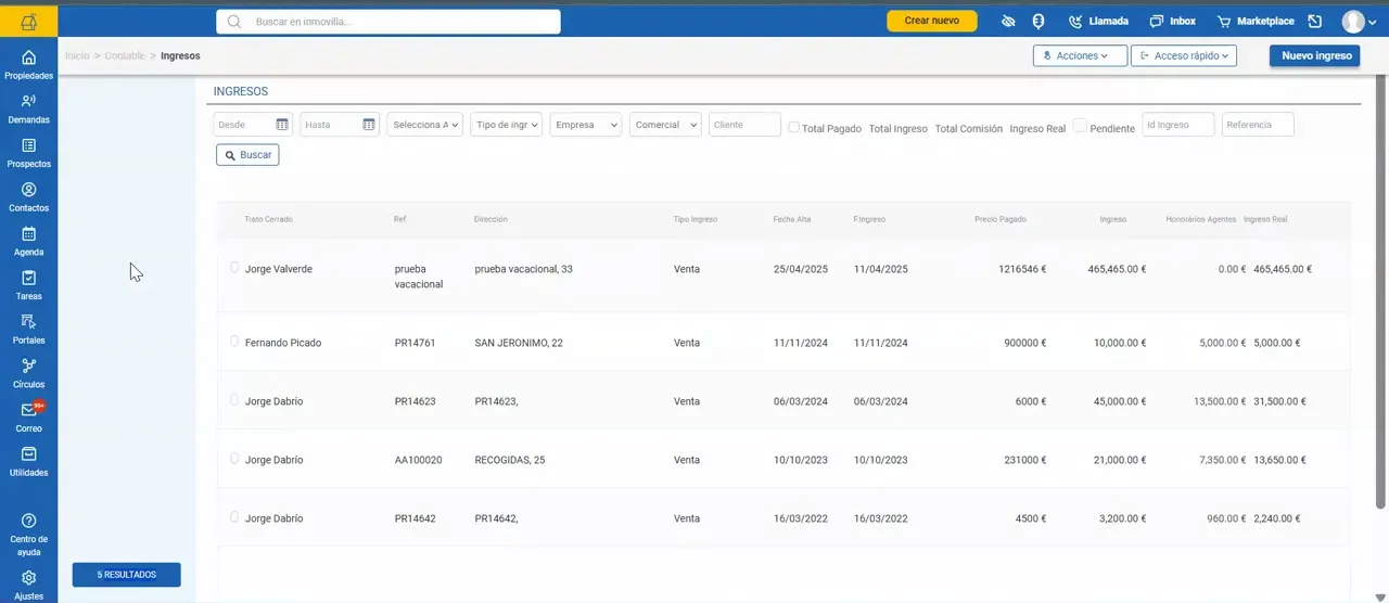 Listado de ingresos del panel contable con columnas y filtros superiores