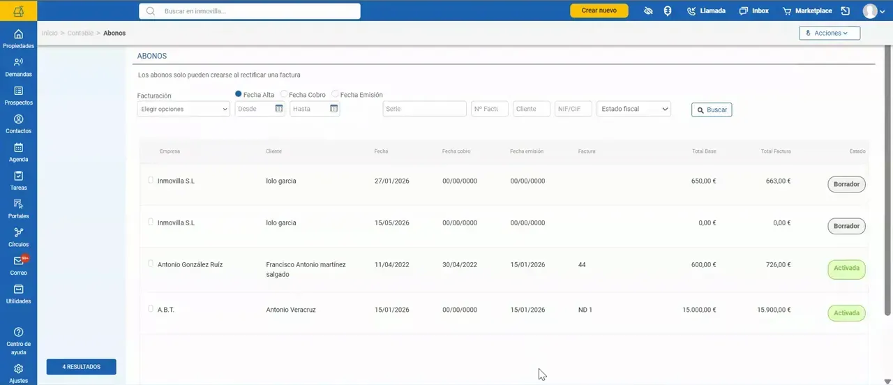 Listado de documentos contables con filtros y estados en Imovilla