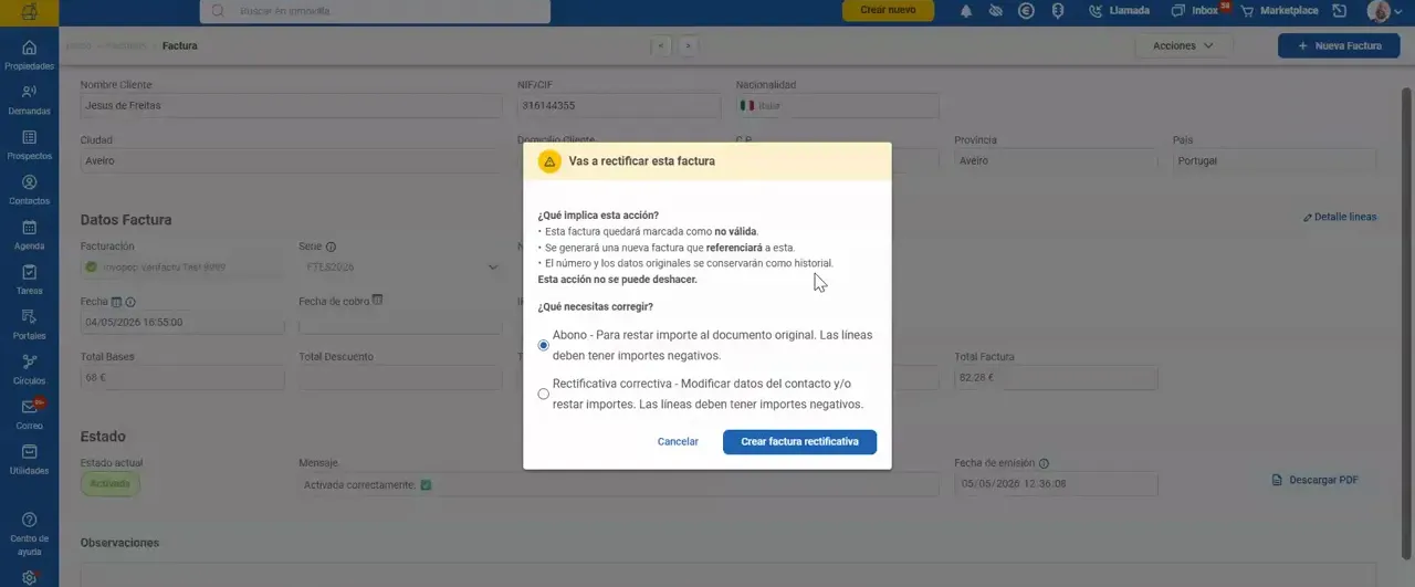 Ventana de aviso para elegir el tipo de rectificación de una factura