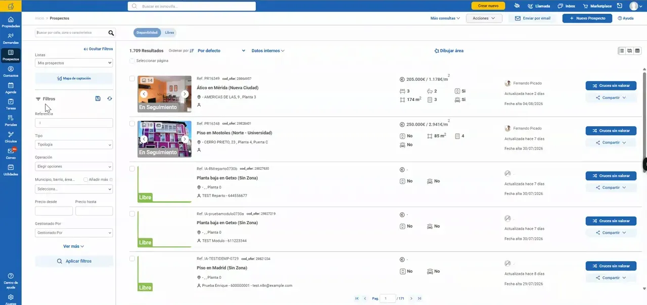 Listado de prospectos inmobiliarios con filtros laterales y fichas de propiedades