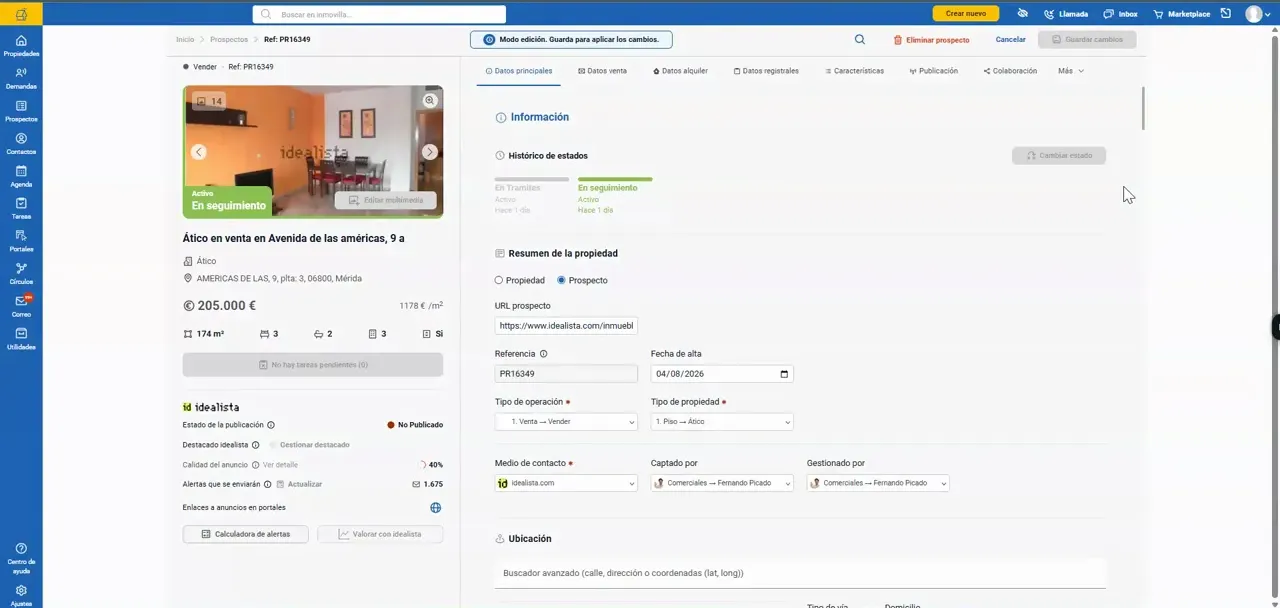 Ficha de prospecto inmobiliario con datos principales y campos de propiedad